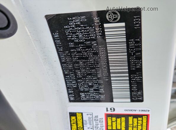 4T1DAACK9SU069391 2025 TOYOTA CAMRY Белый Вид наклейки с VIN-кодом