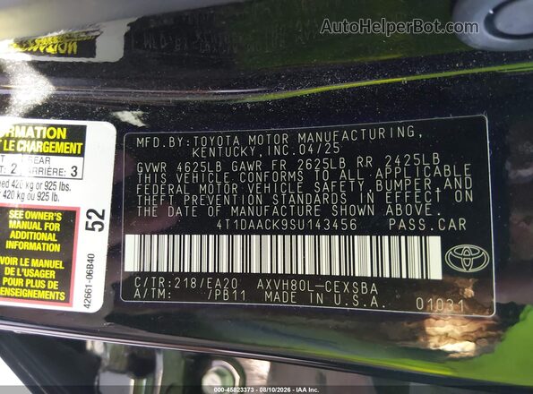 4T1DAACK9SU143456 2025 TOYOTA CAMRY Black Widok komory silnika