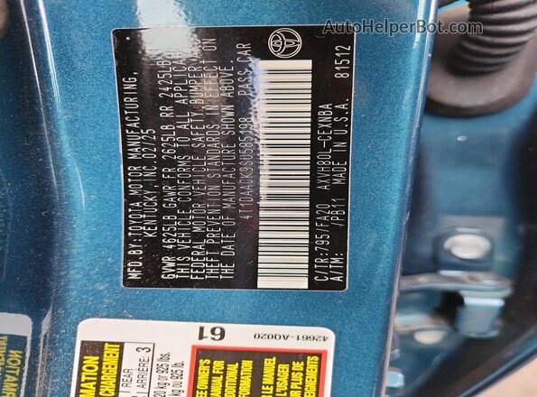 4T1DAACK9SU585198 2025 TOYOTA CAMRY Blue Շարժիչի բաժամունքի տեսք