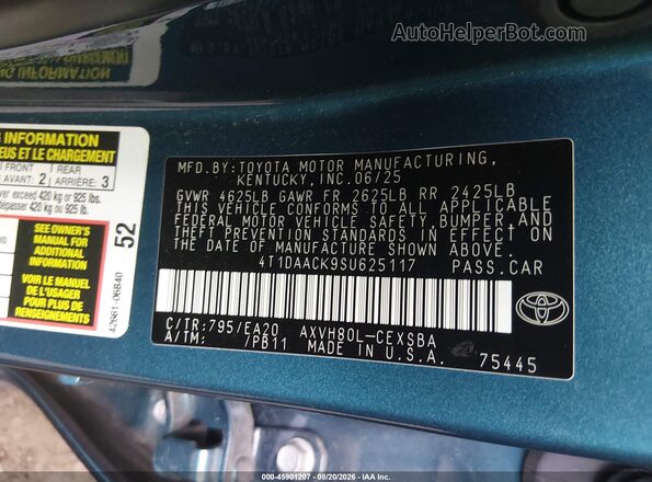 4T1DAACK9SU625117 2025 TOYOTA CAMRY Blue Вид підкапотного простору