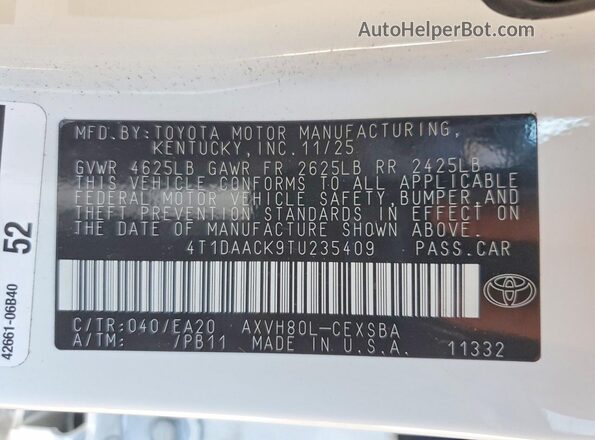 4T1DAACK9TU235409 2026 TOYOTA CAMRY White Շարժիչի բաժամունքի տեսք