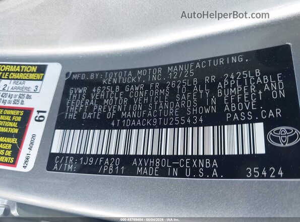 4T1DAACK9TU255434 2026 TOYOTA CAMRY Серебряный Вид подкапотного пространства