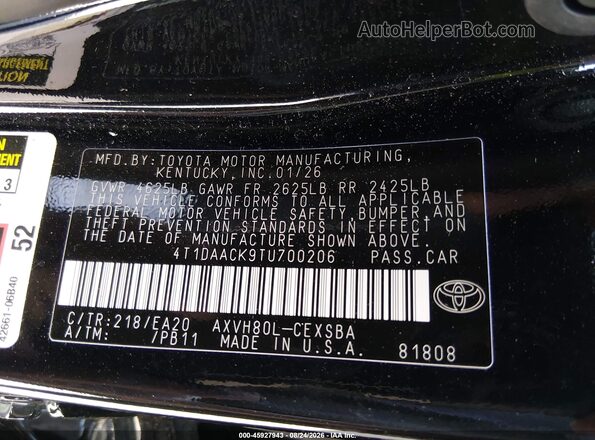 4T1DAACK9TU700206 2026 TOYOTA CAMRY Black ძრავის განყოფილების ხედი