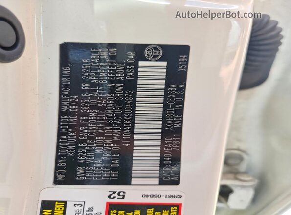 4T1DAACKXSU044872 2025 TOYOTA CAMRY White Շարժիչի բաժամունքի տեսք