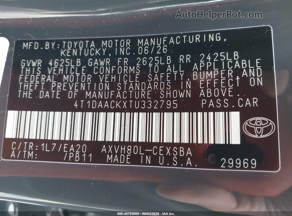 4T1DAACKXTU332795 2026 TOYOTA CAMRY Gray Вид підкапотного простору