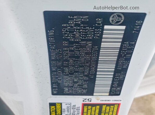 4T1DAACKXTU693704 2026 TOYOTA CAMRY White Շարժիչի բաժամունքի տեսք