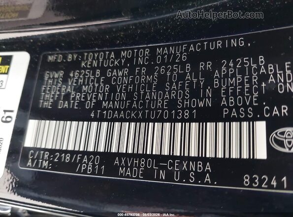 4T1DAACKXTU701381 2026 TOYOTA CAMRY Black ძრავის განყოფილების ხედი