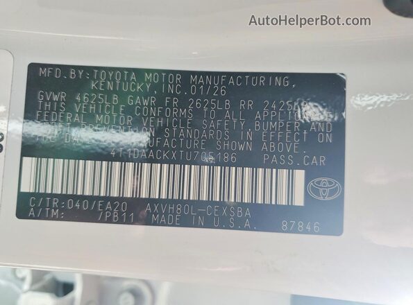4T1DAACKXTU705186 2026 TOYOTA CAMRY White Vista de la etiqueta del VIN