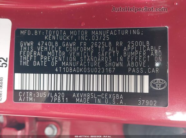 4T1DBADK0SU023167 2025 TOYOTA CAMRY Red Vista del compartimento del motor