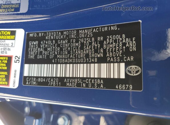 4T1DBADK0SU031348 2025 TOYOTA CAMRY Blue Շարժիչի բաժամունքի տեսք