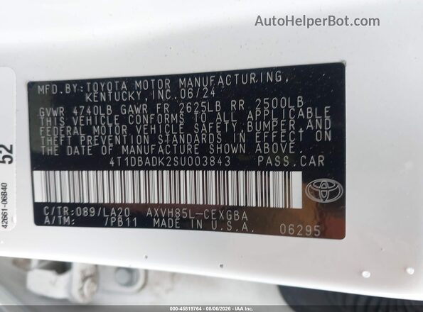 4T1DBADK2SU003843 2025 TOYOTA CAMRY White Вид підкапотного простору