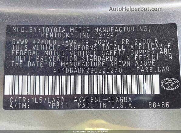 4T1DBADK2SU520270 2025 TOYOTA CAMRY Gray Engine compartment view