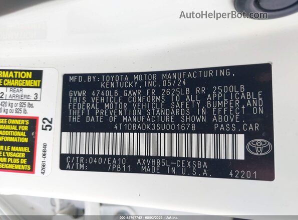4T1DBADK3SU001678 2025 TOYOTA CAMRY White ძრავის განყოფილების ხედი