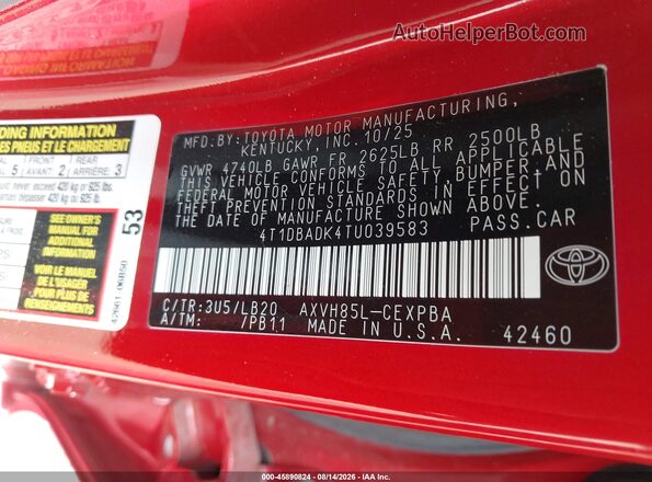 4T1DBADK4TU039583 2026 TOYOTA CAMRY Красный Вид подкапотного пространства