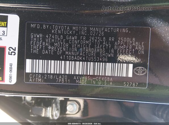 4T1DBADK4TU553496 2026 TOYOTA CAMRY Black Շարժիչի բաժամունքի տեսք