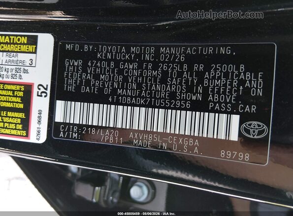 4T1DBADK7TU552956 2026 TOYOTA CAMRY Black Вид підкапотного простору