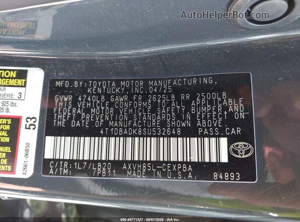 4T1DBADK8SU532648 2025 TOYOTA CAMRY Gray Widok komory silnika