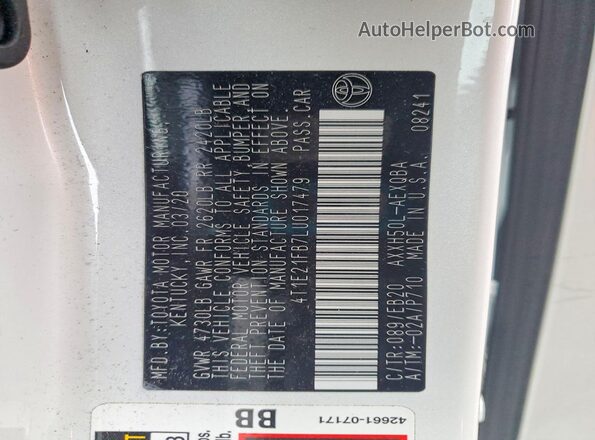 4T1E21FB7LU017479 2020 TOYOTA AVALON White Engine compartment view
