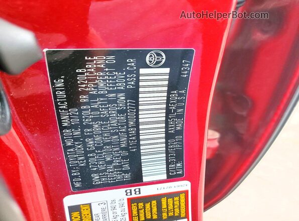 4T1EA1AB1MU002777 2021 TOYOTA AVALON Красный Вид подкапотного пространства