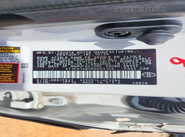 4T1EA1AB5MU003155 2021 TOYOTA AVALON White VIN კოდის სტიკერის ხედი