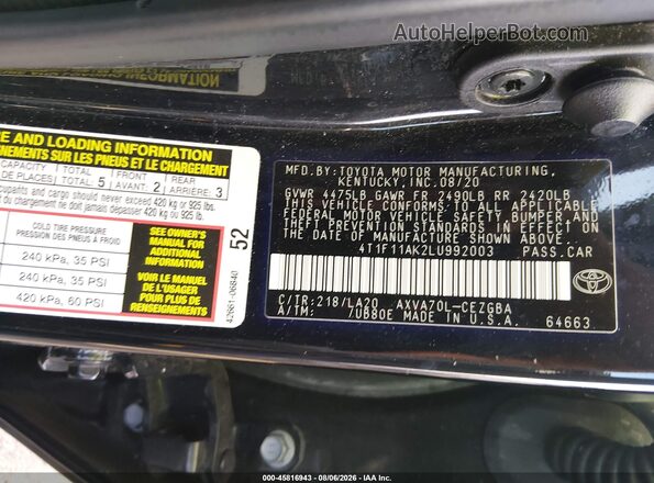 4T1F11AK2LU992003 2020 TOYOTA CAMRY Black Engine compartment view