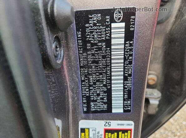 4T1F11AK8LU883304 2020 TOYOTA CAMRY Gray Vista del compartimento del motor