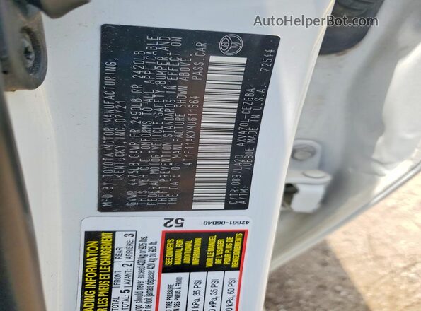 4T1F11AKXMU611564 2021 TOYOTA CAMRY White VIN კოდის სტიკერის ხედი