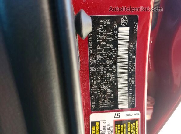 4T1F11BK9LU015486 2020 TOYOTA CAMRY Red VIN sticker view