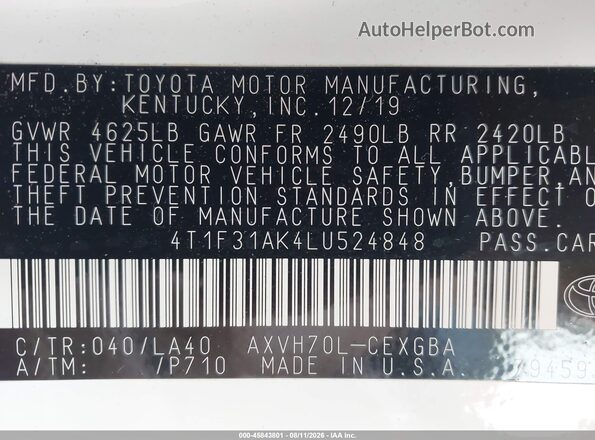 4T1F31AK4LU524848 2020 TOYOTA CAMRY White Вид підкапотного простору