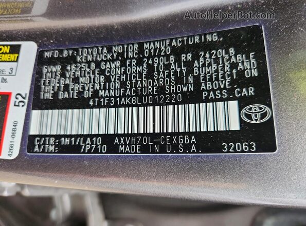 4T1F31AK6LU012220 2020 TOYOTA CAMRY Gray Vista de la etiqueta del VIN
