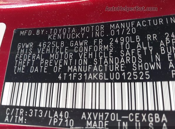 4T1F31AK6LU012525 2020 TOYOTA CAMRY Red Вид підкапотного простору