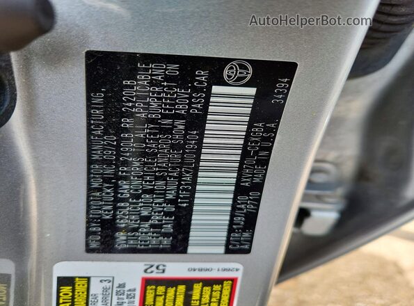 4T1F31AK7LU019404 2020 TOYOTA CAMRY Silver Vista del compartimento del motor