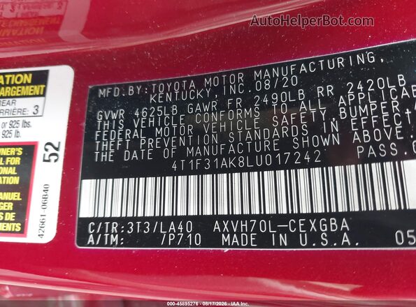 4T1F31AK8LU017242 2020 TOYOTA CAMRY Red Вид підкапотного простору