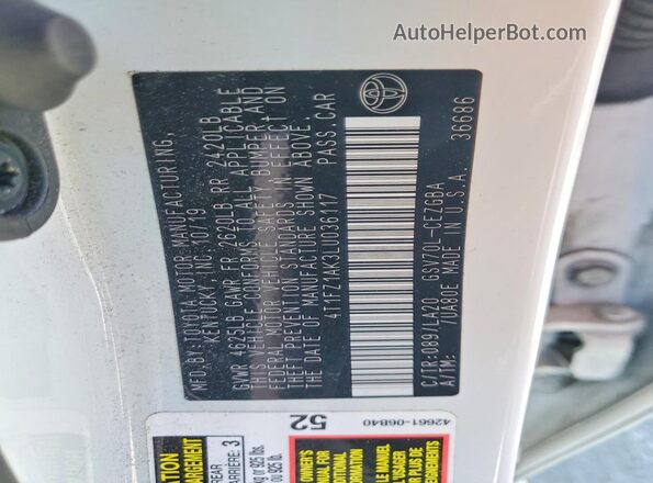 4T1FZ1AK3LU036117 2020 TOYOTA CAMRY White Vista de la etiqueta del VIN