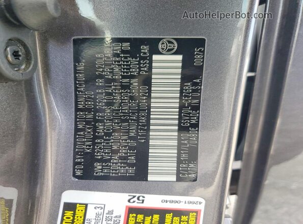 4T1FZ1AK8LU044200 2020 TOYOTA CAMRY Серый Вид подкапотного пространства