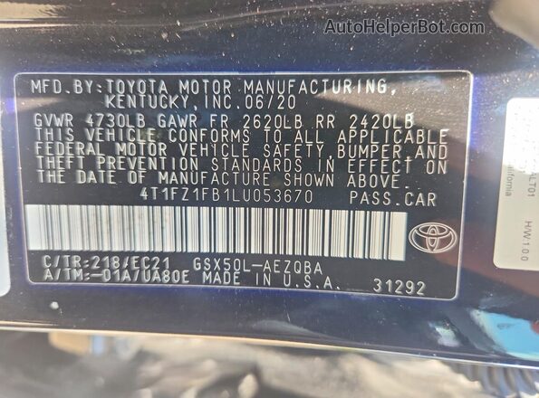 4T1FZ1FB1LU053670 2020 TOYOTA AVALON Черный Вид наклейки с VIN-кодом