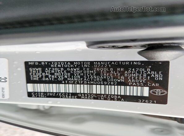 4T1FZ1FB4MU069282 2021 TOYOTA AVALON Gray VIN კოდის სტიკერის ხედი