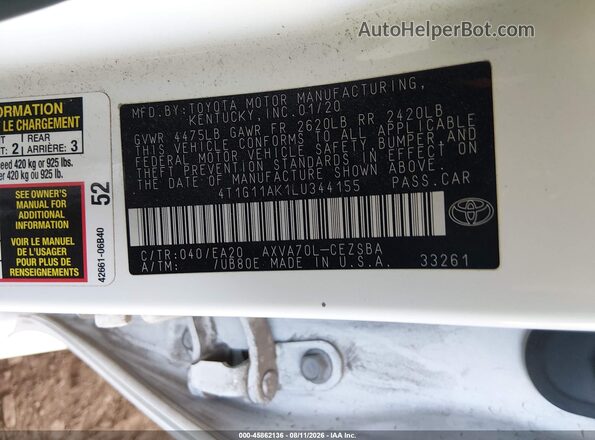 4T1G11AK1LU344155 2020 TOYOTA CAMRY Белый Вид подкапотного пространства