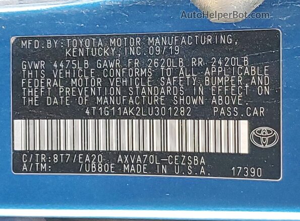 4T1G11AK2LU301282 2020 TOYOTA CAMRY Blue VIN კოდის სტიკერის ხედი
