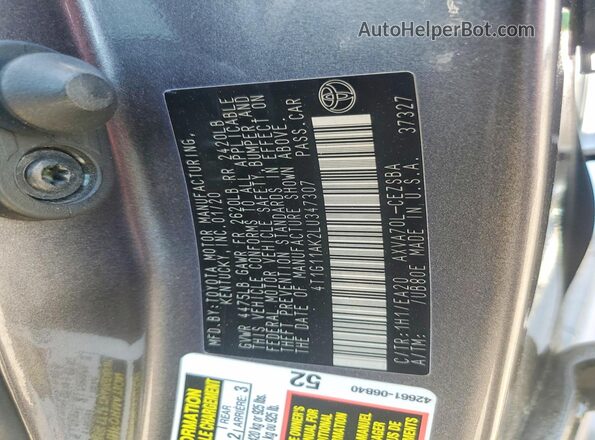 4T1G11AK2LU347307 2020 TOYOTA CAMRY Серый Вид наклейки с VIN-кодом