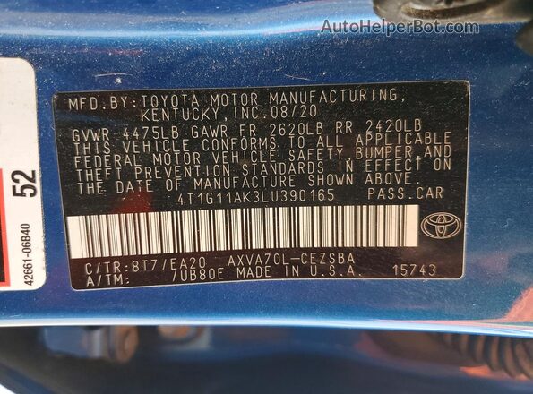 4T1G11AK3LU390165 2020 TOYOTA CAMRY Blue Vista de la etiqueta del VIN