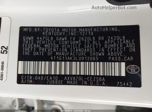 4T1G11AK3LU912065 2020 TOYOTA CAMRY White ძრავის განყოფილების ხედი