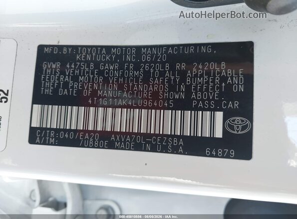 4T1G11AK4LU964045 2020 TOYOTA CAMRY White Շարժիչի բաժամունքի տեսք