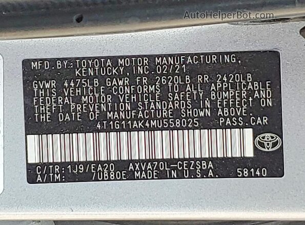 4T1G11AK4MU558025 2021 TOYOTA CAMRY Gray VIN sticker view