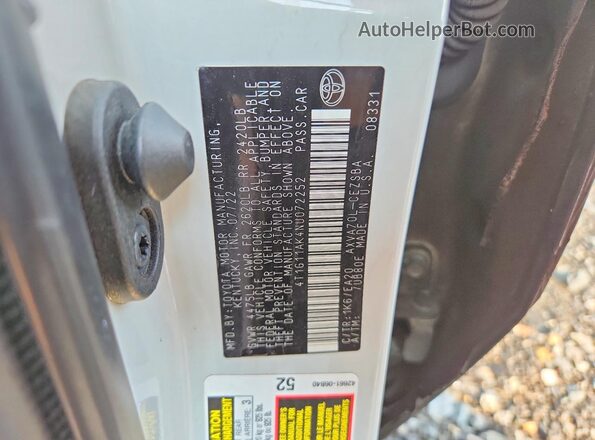 4T1G11AK4NU072252 2022 TOYOTA CAMRY White Շարժիչի բաժամունքի տեսք