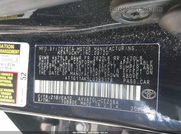 4T1G11AK5LU393178 2020 TOYOTA CAMRY Черный Вид подкапотного пространства