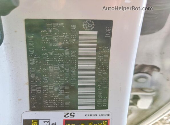 4T1G11AK6LU331076 2020 TOYOTA CAMRY White Vista del compartimento del motor