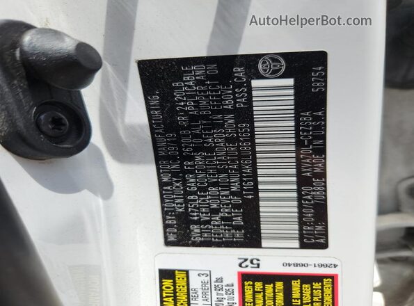 4T1G11AK6LU861659 2020 TOYOTA CAMRY White VIN კოდის სტიკერის ხედი
