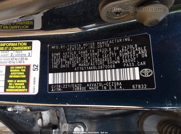 4T1G11AK6LU870068 2020 TOYOTA CAMRY Green Вид підкапотного простору
