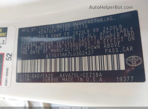 4T1G11AK7LU302427 2020 TOYOTA CAMRY Белый Вид подкапотного пространства